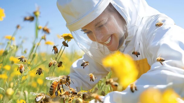 Photo happy beekeeper surrounded by bees in a field of yellow flowers