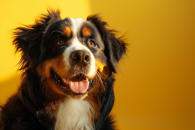 Happy bernese mountain dog on a yellow background looking at the camera with its mouth open and ton