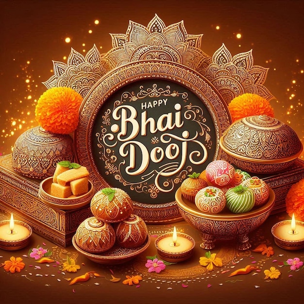 Photo happy bhai dooj festive celebration with thalis and diyas