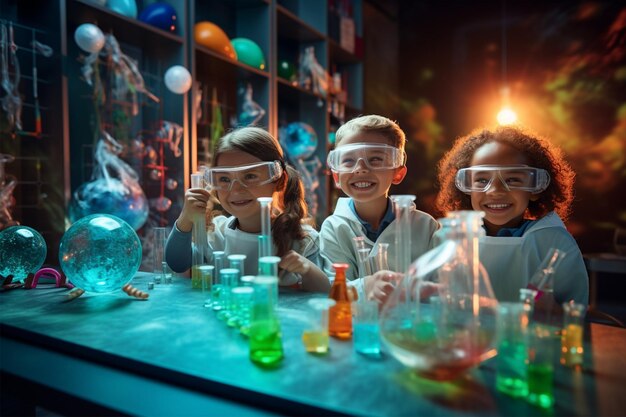 Photo happy biology kids in safety glasses in science laboratory with chemicals in test tubes selective focus