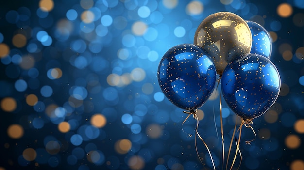 Photo happy birthday background blue white golden balloons ribbons bokeh lights party decoration