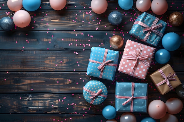 Happy Birthday Background with Balloons and Colorful Gifts on Wood