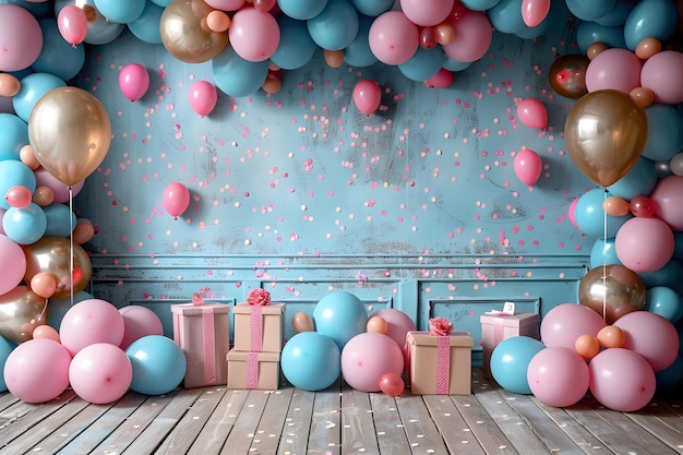 Happy Birthday Background With Balloons And Gifts On Wooden Floor