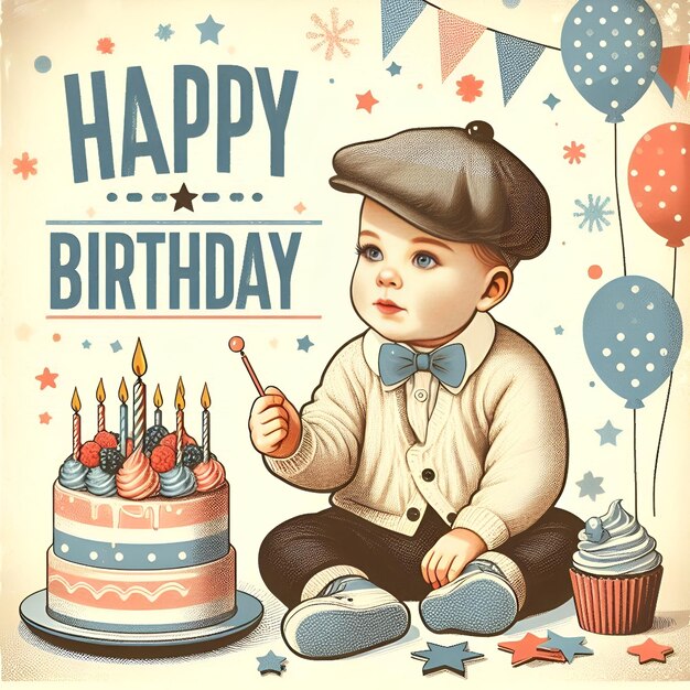 Photo happy birthday beautiful vintage retro greeting card invitation illustration cute girl boy baby cake