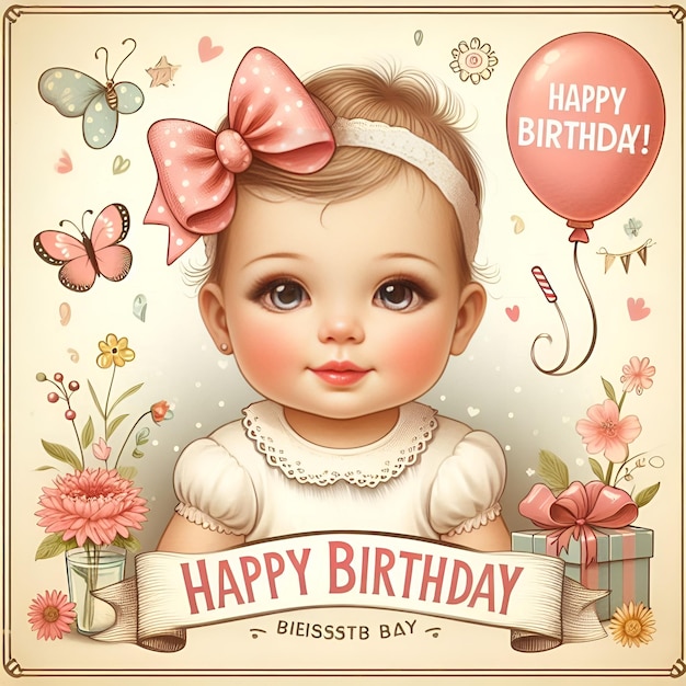 Photo happy birthday beautiful vintage retro greeting card invitation illustration cute girl boy baby cake