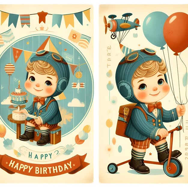 Photo happy birthday beautiful vintage retro greeting card invitation illustration cute girl boy baby cake