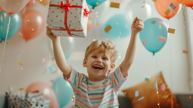 Photo happy birthday boy holding up present at party