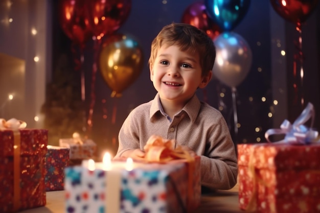 Happy birthday boy sitting near paper boxes with secret gifts against bright colorful balloons