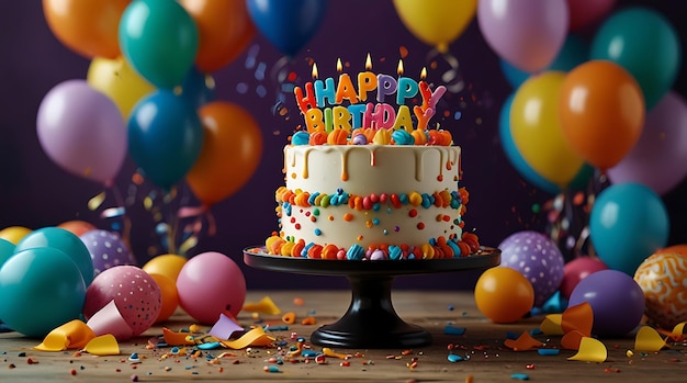 Happy Birthday cake on table with colorful decorations or balloons and confetti