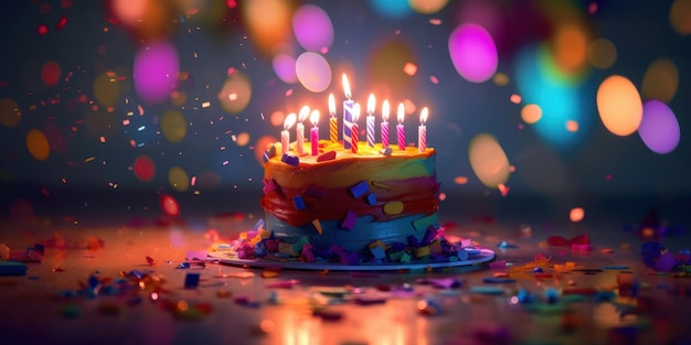 Happy birthday cake with candles balloons and confetti background Generative AI