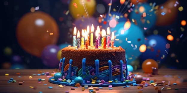 Happy birthday cake with candles balloons and confetti background Generative AI