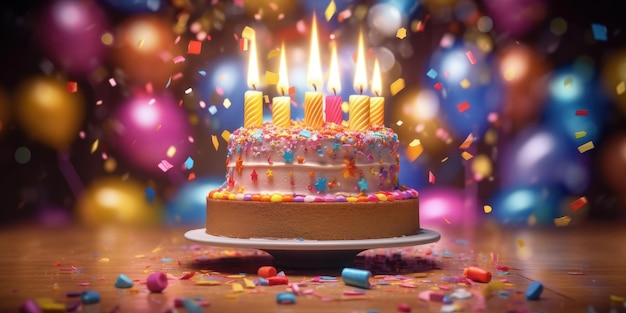 Happy birthday cake with candles balloons and confetti background Generative AI