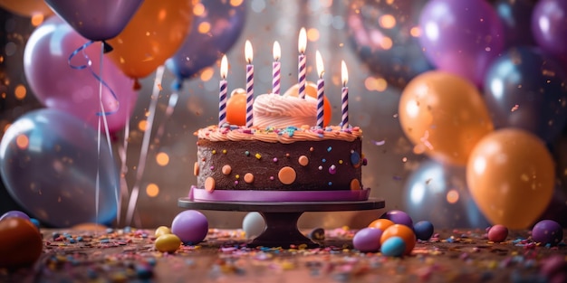 Happy birthday cake with candles balloons and confetti background Generative AI