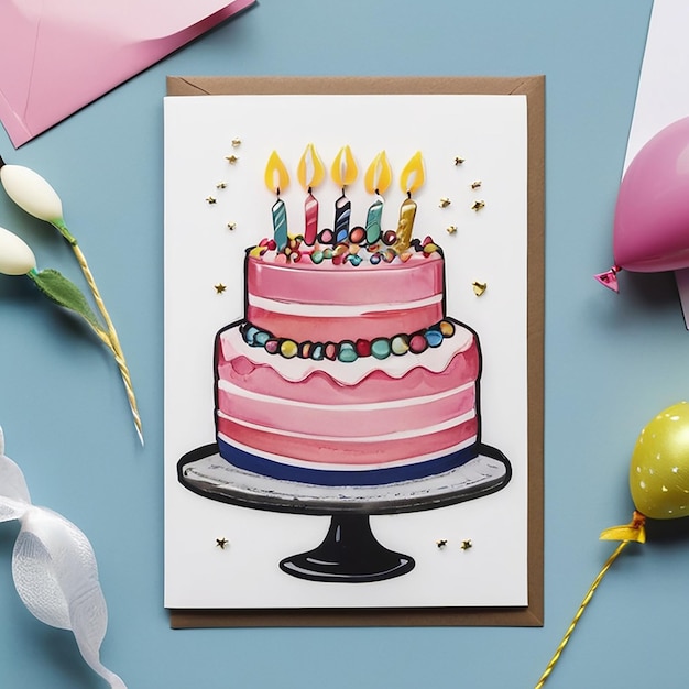 Happy birthday card set with cake balloons and calligraphy Cut