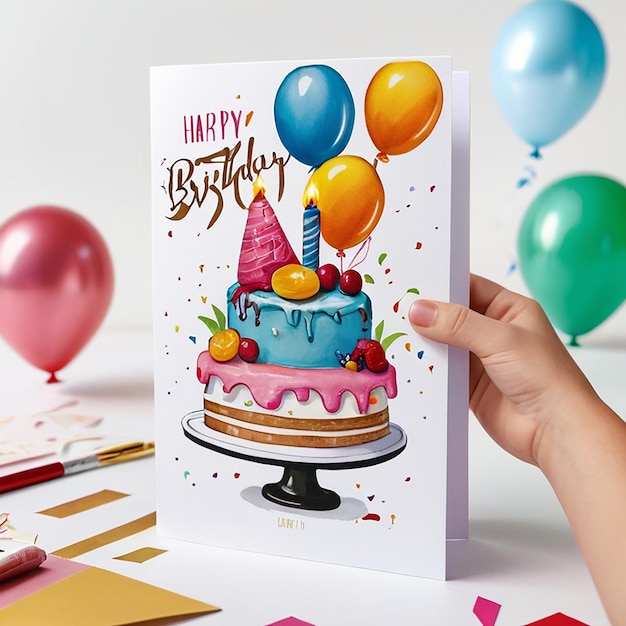 Happy birthday card set with cake balloons and calligraphy Cut