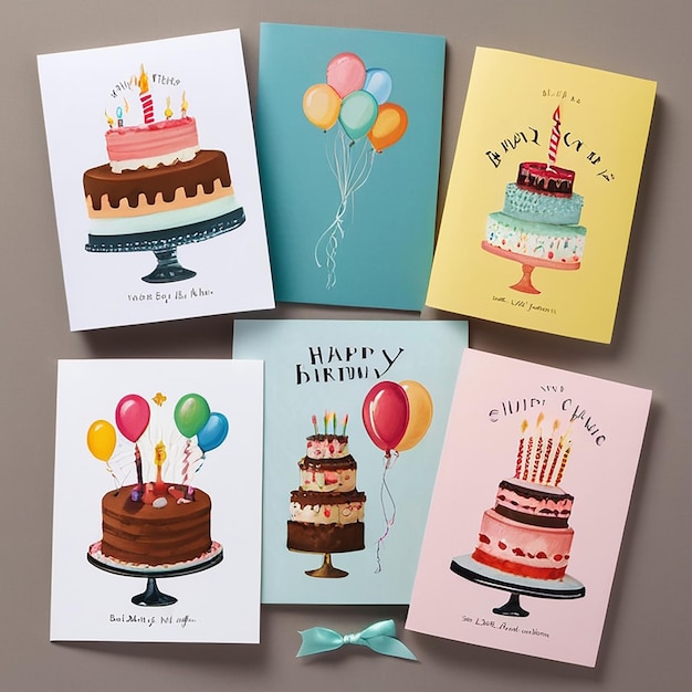 Photo happy birthday card set with cake balloons and calligraphy cut