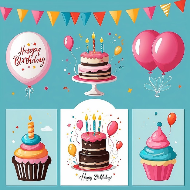 Photo happy birthday card set with cake balloons and calligraphy cute