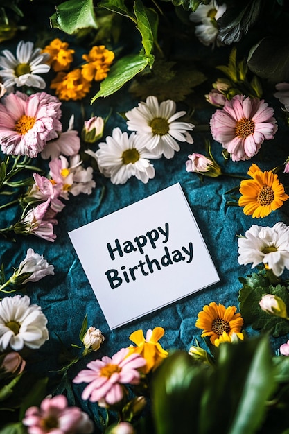 Happy birthday card surrounded by colorful flowers on blue background