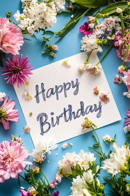 Happy birthday card surrounded by flowers on blue background