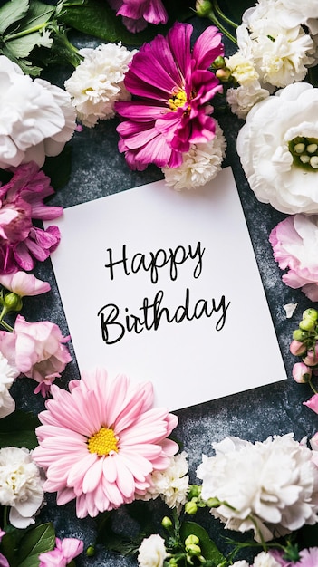 Happy birthday card surrounded by pink and white flowers