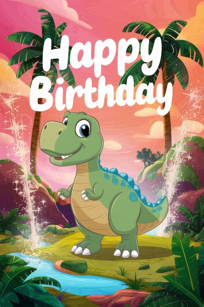 Happy Birthday Card With Cartoon Dinosaur