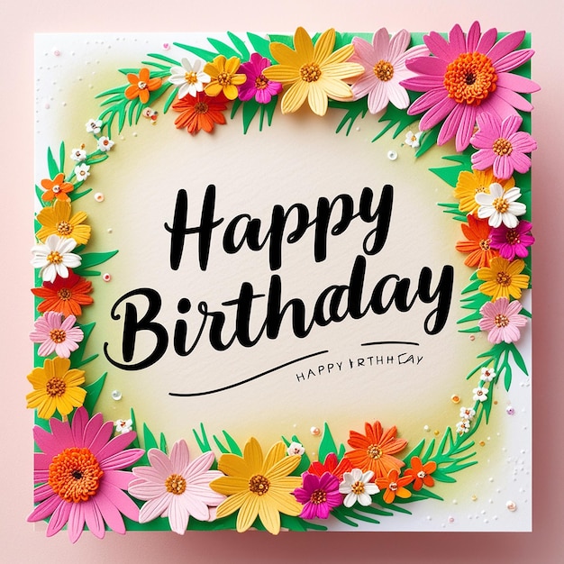 Happy Birthday Card with Colorful Flower Border