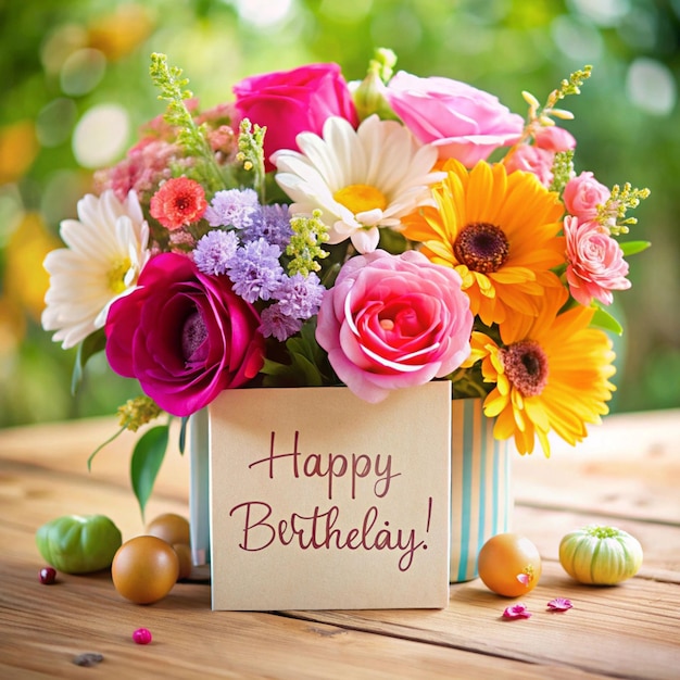 Photo happy birthday card with flowers arrangement