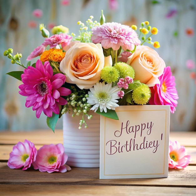 Photo happy birthday card with flowers arrangement