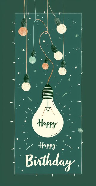 Photo happy birthday card with hanging colorful lights and light bulb illustration