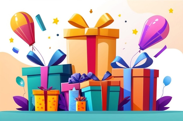 Happy birthday cartoon landing page with wrapped gift boxes festive promotion