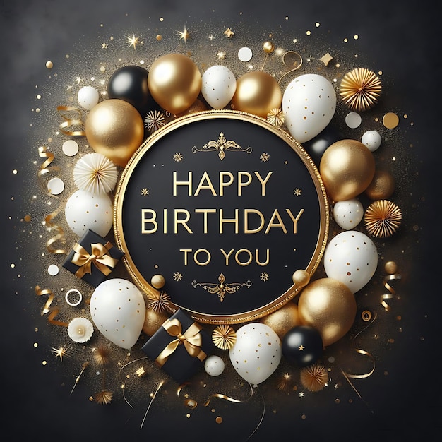 Happy Birthday celebration card with gold glitter and sparkles on a dark background