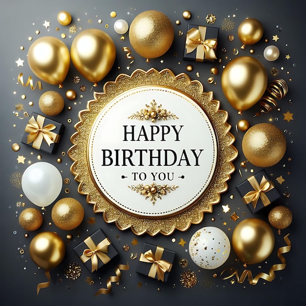 Happy Birthday celebration card with gold glitter and sparkles on a dark background