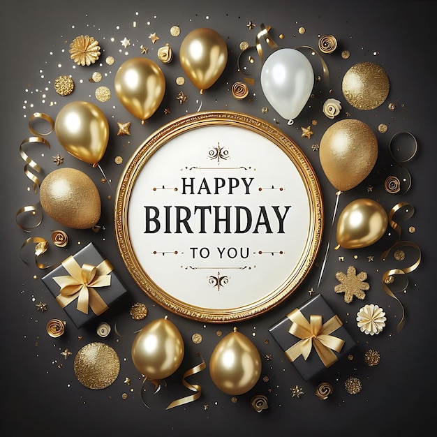 Happy Birthday celebration card with gold glitter and sparkles on a dark background