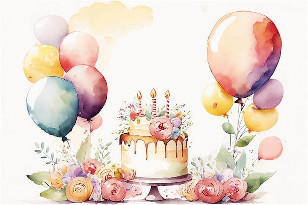 Happy birthday celebration concept Greeting birthday party decoration invitation card Watercolor illustration Generated AI