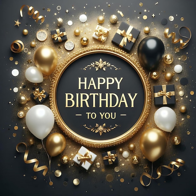 Happy Birthday celebration poster with gold glitter and sparkles on a dark background