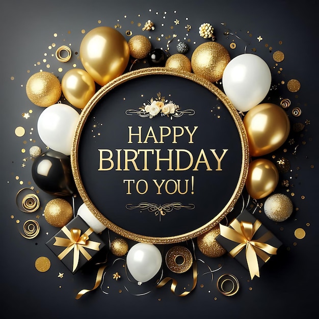 Happy Birthday celebration poster with gold glitter and sparkles on a dark background