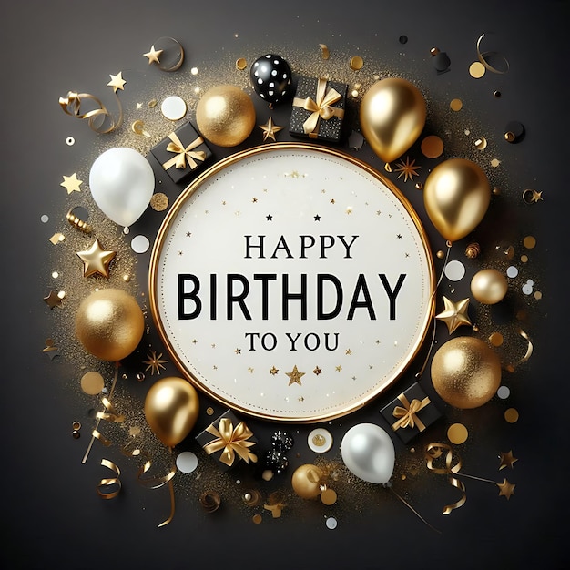 Happy Birthday celebration poster with gold glitter and sparkles on a dark background