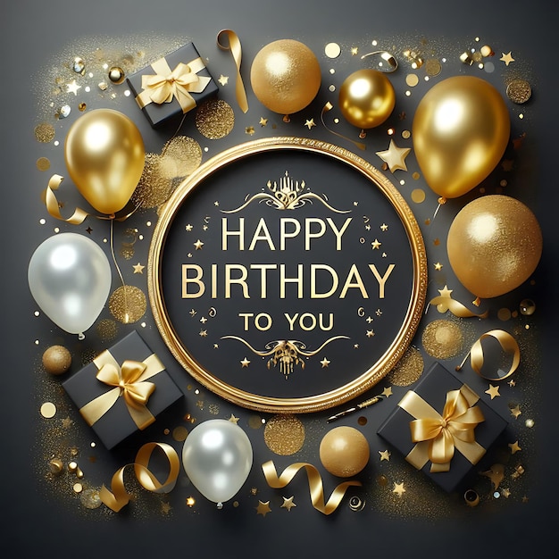 Happy Birthday celebration poster with gold glitter and sparkles on a dark background