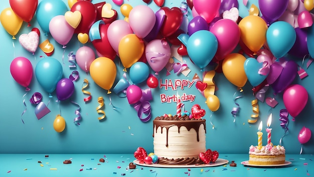 Happy birthday celebration with colorful balloons background design wallpaper generated by AI