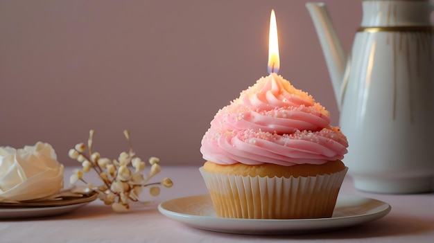 Happy Birthday Celebratory Cupcake Pink Frosted Delight with Single Candle Burning candles for kids