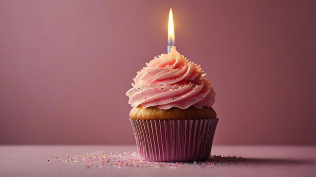 Happy Birthday Celebratory Cupcake Pink Frosted Delight with Single Candle Burning candles for kids