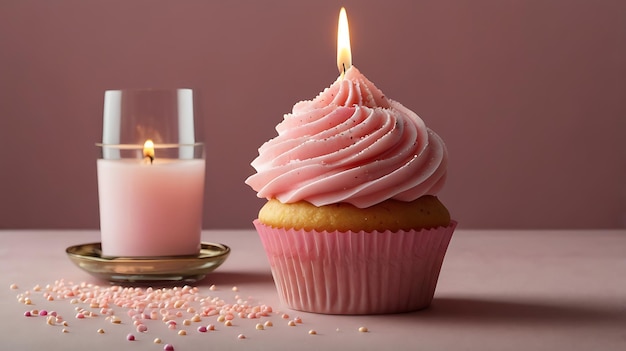 Photo happy birthday celebratory cupcake pink frosted delight with single candle burning candles for kids