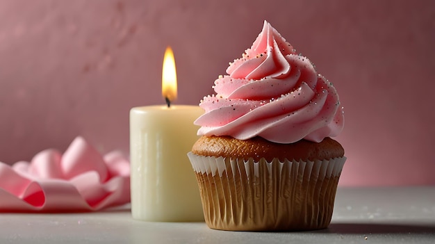 Happy Birthday Celebratory Cupcake Pink Frosted Delight with Single Candle Burning candles for kids