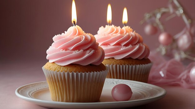 Happy Birthday Celebratory Cupcake Pink Frosted Delight with Single Candle Burning candles for kids