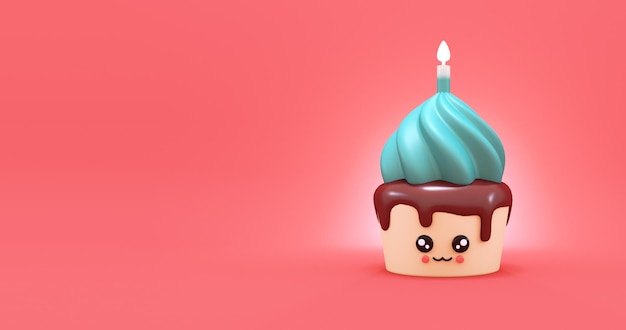 happy birthday cupcake with ice cream and candle on top 3d render illustration