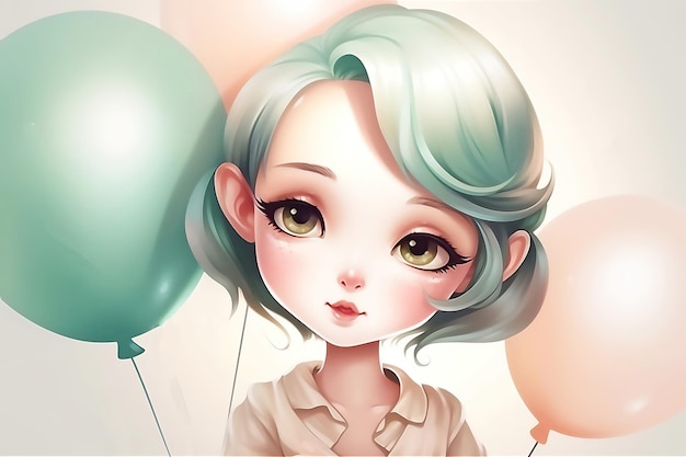 Happy Birthday Cute cartoon little girl with balloon Illustration Post processed AI generated image