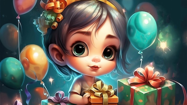 Happy Birthday Cute cartoon little girl with balloon Illustration Post processed AI generated image