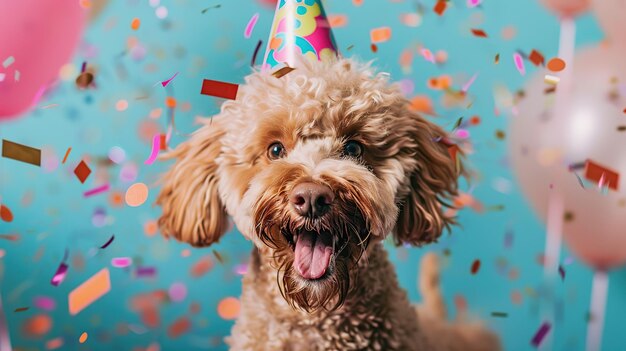 Photo happy birthday dog with confetti