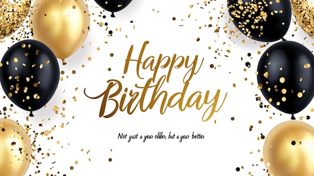 Happy birthday greeting card with white gold and black background