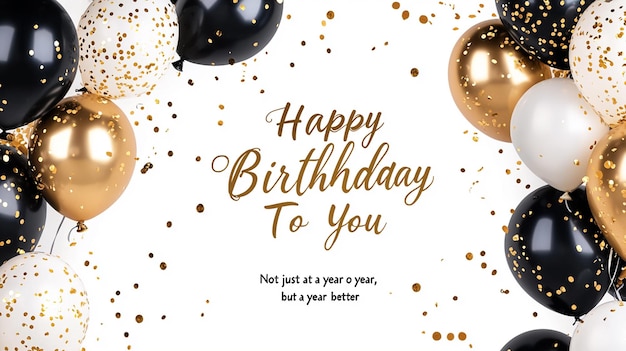 Happy birthday greeting card with white gold and black background